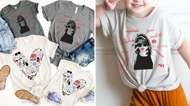 Four Popular Concert Tour Tees Outfit Sets on the Left and a Girl Wearing Concert Tee on the Right