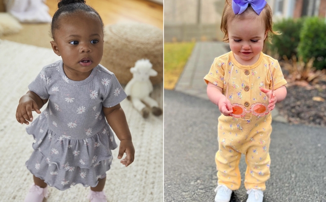Girl Wearing the Modern Moments by Gerber Baby Romper Dress with Diaper Cover on the Left and the Cardigan Sweater Romper on the Right