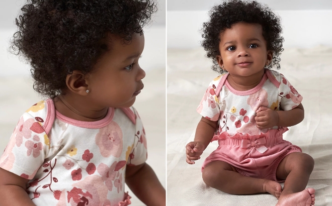 Girl Wearing the Modern Moments by Gerber Baby Short Sleeve Onesies Bodysuits