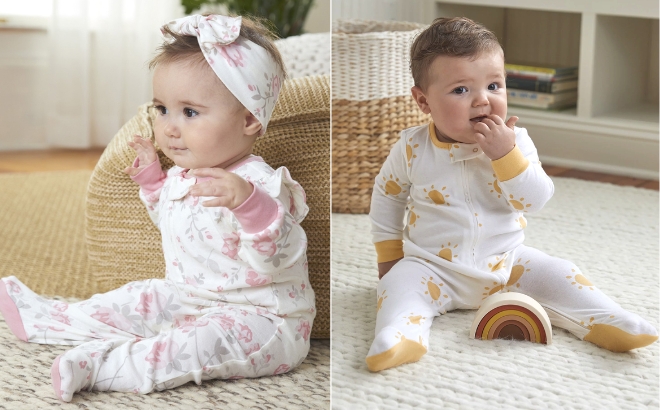 Girl Wearing the Modern Moments by Gerber Baby Sleep n Play Footed Pajamas in Pink on the Left and Boy Wearing Yellow on the Right