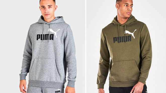 Gray Color Mens Puma Logo Hoodie on the Left and Dark Olive Color on the Right