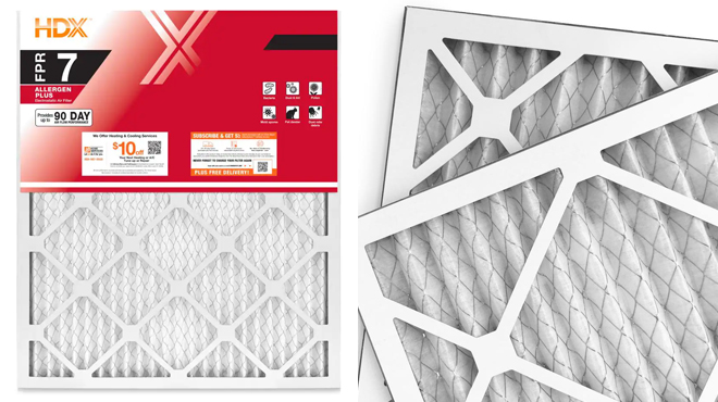 HDX Allergen Plus Pleated Air Filter FPR 7 on the Left and Closer Look of Same Item on the Right