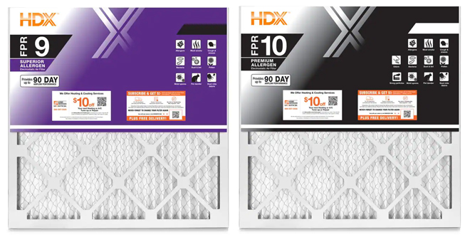 HDX Superior Pleated Air Filter FPR 9 on the Left and Premium Pleated Air Filter FPR 10 on the Right