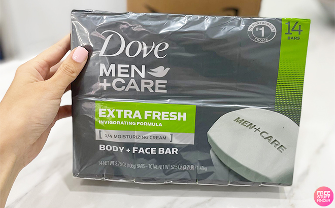 Hand Holding Dove MenCare Bar 3 in 1 Cleanser for Body and Face