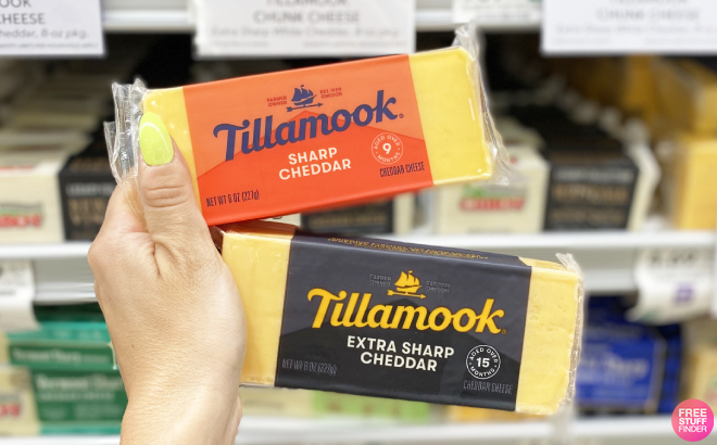 Hand Holding Two Tillamook Cheddar Cheese