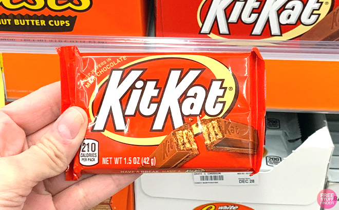 Hand holding Kit Kat Wafer Candy Bar