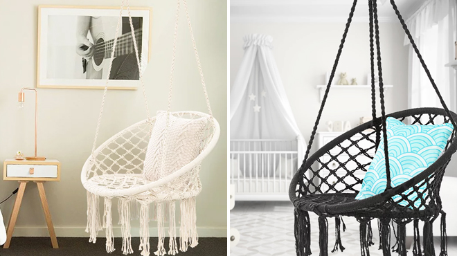 Hanging Hammock Chair in White Color on the Left and Same Item in Black Color on the Right