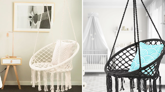 Hanging Hammock Chair in White Color on the Left and Same Item in Black Color on the Right Hanging Hammock Chair in White Color on the Left and Same Item in Black Color on the Right
