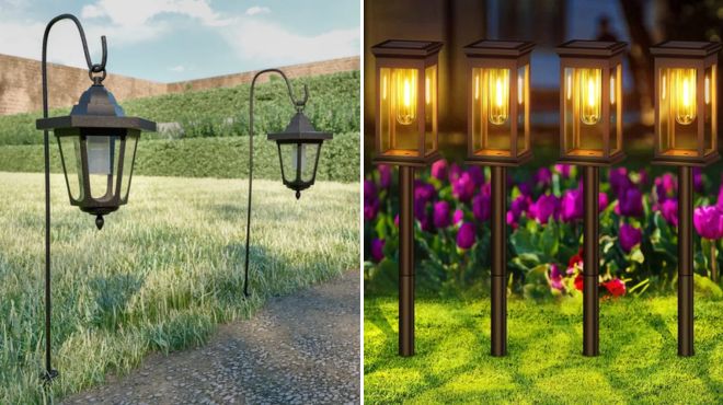 Hanging Solar Coach 1 LED Pathway Light Set of 2 and Black Solar Powered LED Pathway Light Pack Set of 4