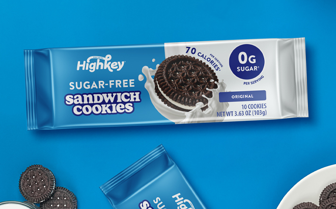 HighKey Sugar Free Sandwich Cookies on Blue Background