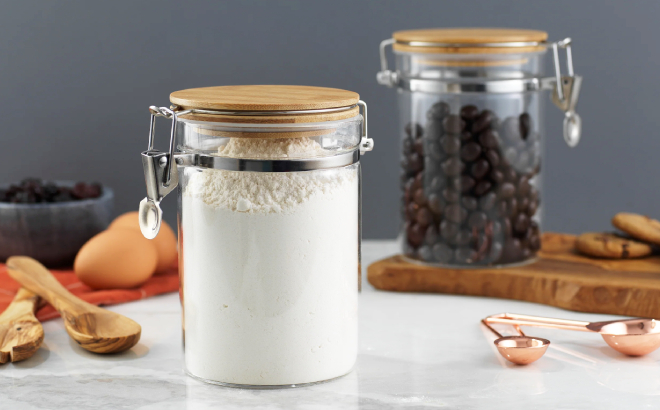 JoyJolt 2 Pack Glass Storage Jars Filled with Flour and Coffee Beans