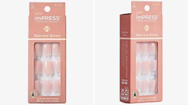 KISS imPRESS Bare but better Short Square Gel Press On Nails Glossy Light Pink 30 Pieces