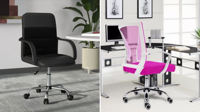 Kenley Mid Back Black Leather Soft and Mesh Swivel Task Office Chair and Adelphine Mesh Task Chair