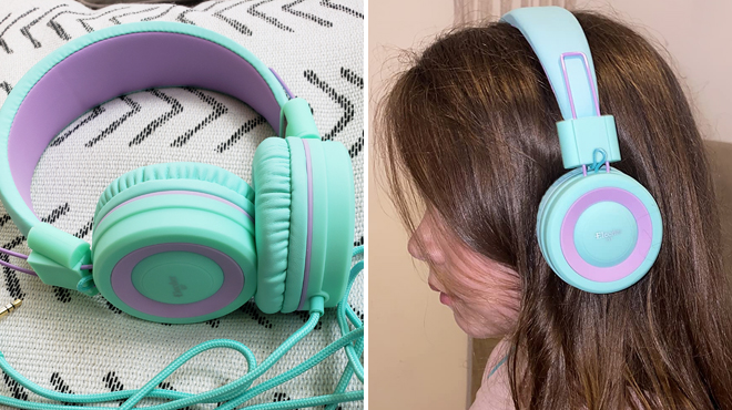 Kids Foldable Adjustable On Ear Headphones in Green Color on the Left and a Girl Wearing the Same Item on the Right