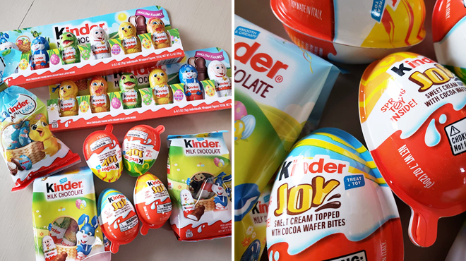 Kinder Joy Easter Surprise 9 Pack Bundle on the Left and Zoomed Kinder Joy Easter Eggs on the Right Kinder Joy Easter Surprise 9 Pack Bundle on the Left and Zoomed Kinder Joy Easter Eggs on the Right