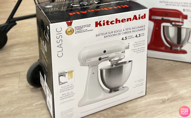 KitchenAid Classic Series 4 5 Quart Stand Mixer in White Color on the Floor