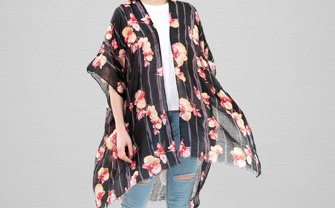 Kollie More Black Floral And Stripe Kimono On A Model