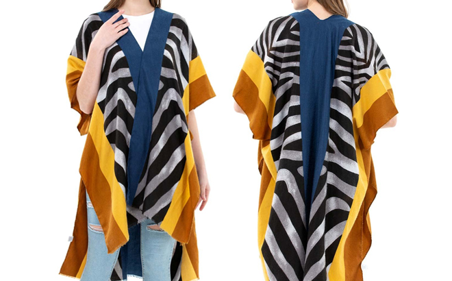Kollie More Tan And Yellow Zebra Spring Kimono On A Model