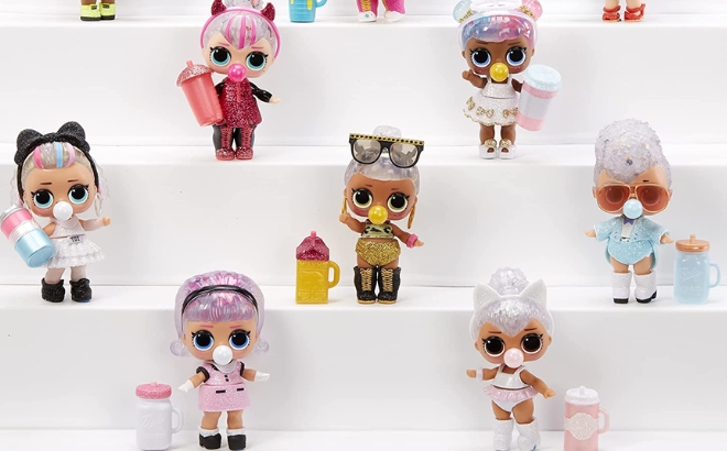 L O L Surprise Glitter Color Change Doll with 5 Surprises Collectible Dolls on Stair Shelves
