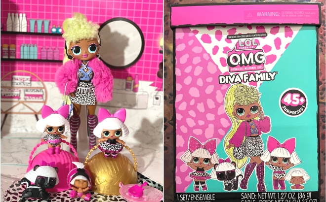 L O L Surprise OMG Diva Family Dolls on the Left and the Box on the Right