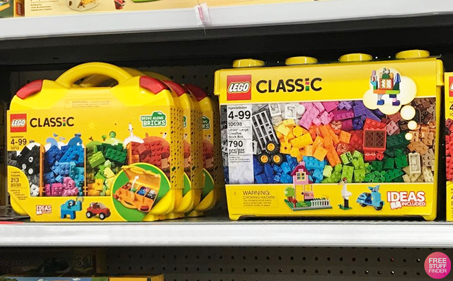 LEGO Classic 213 Piece Suitcase Set on the Left and LEGO Classic 790 Piece Brick Box Set on the Right