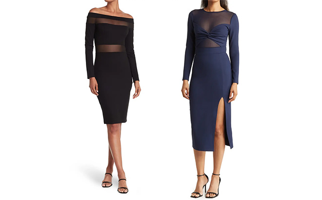 LOVE BY DESIGN Celia Illusion Mesh Ruched Midi Dress and Off the Shoulder Mesh Panel Bodycon Dress