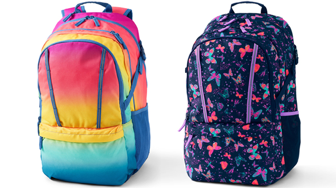 Lands End Kids ClassMate Extra Large Backpack in Sunburst Ombre on the Left and Deep Sea Butterflies on the Right Lands End Kids ClassMate Extra Large Backpack in Sunburst Ombre on the Left and Deep Sea Butterflies on the Right