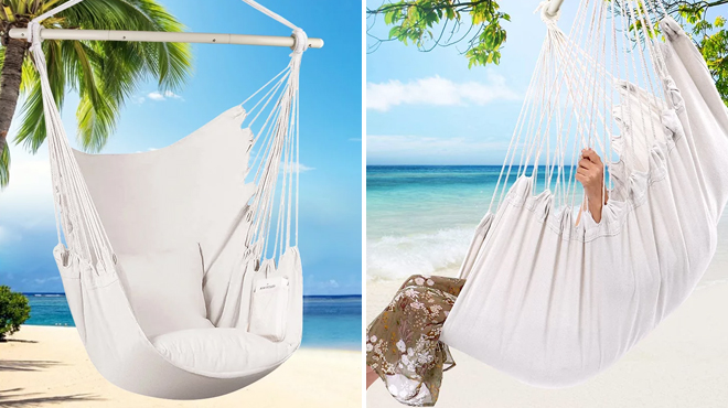 Large Hammock Chair Swing in White Color on the Beach on the Left and Side View of Same Item with Woman on the Right