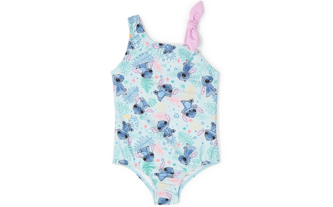 Lilo Stitch Blue Asymmetrical One Piece Bathing Suit for Toddler Girls on a White Background