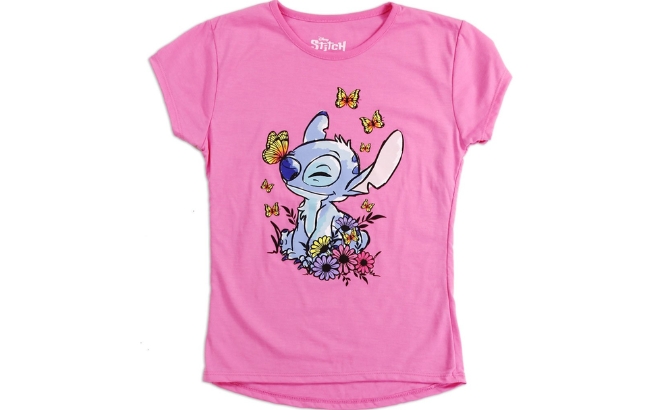 Lilo Stitch Pink Butterfly Tee for Girls on a White Background