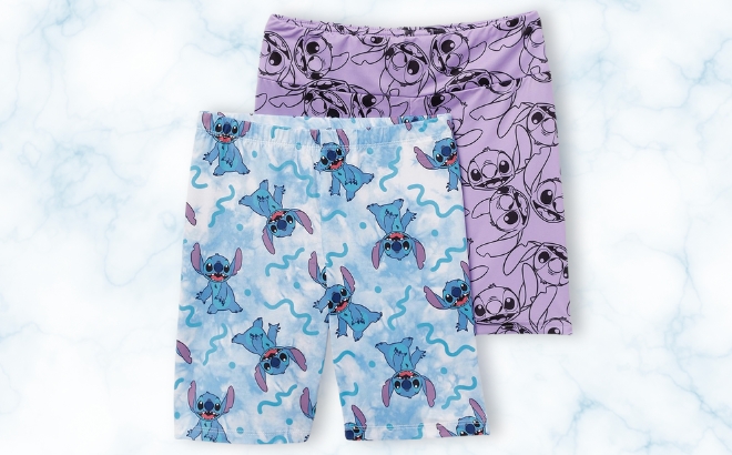 Lilo and Stitch Purple Black Bike Shorts Set for Girls on a Blue Marble Background