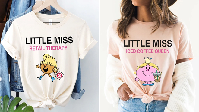 Little Miss Retail Therapy Tee on the Left and a Woman Wearing Little Miss Iced Coffee Queen Tee on the Right