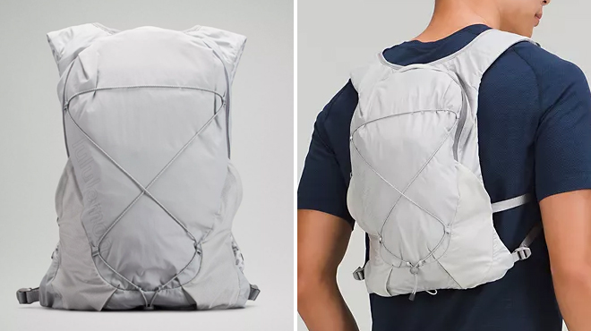 Lululemon 10L Active Backpack in Grey Color on the Left and a Man Carrying the Same Item on the Right