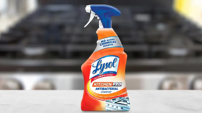 Lysol Pro Kitchen Spray Cleaner and Degreaser on a Kitchen Countertop