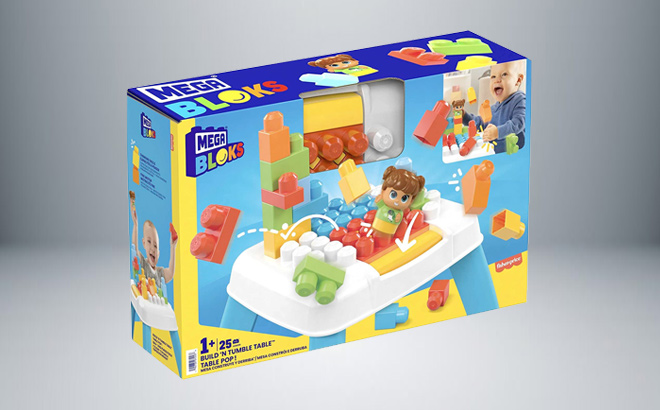 MEGA BLOKS Build n Tumble Table building set with 2 tumble features 23 big building blocks and 1 Block Buddies figure toy gift for ages 1 and up