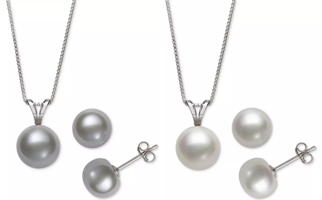 Macys Freshwater Pearl Pendant Necklace Stud Earrings 2 Piece Set