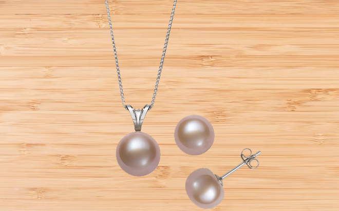 Macys Pink Freshwater Pearl Pendant Necklace Stud Earrings 2 Piece Set