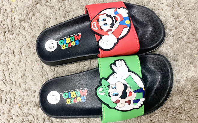 Mario Luigi Little Big Boys Slide Sandals on a Carpet Mario Luigi Little Big Boys Slide Sandals on a Carpet