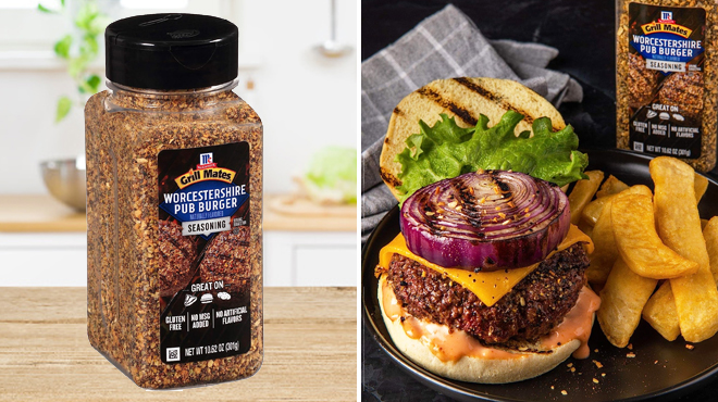McCormick Grill Mates 10 62 Ounce Worcestershire Pub Burger Seasoning on the Left and Same Item with Burger on the Right