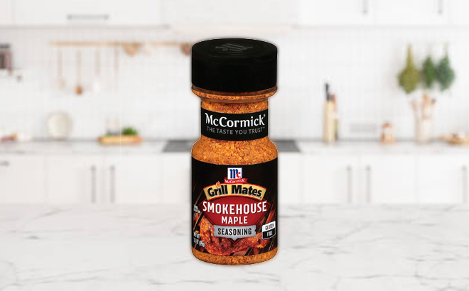 McCormick Grill Mates 3 5 Ounce Smokehouse Maple Seasoning on a Marble Countertop Inside Kitchen