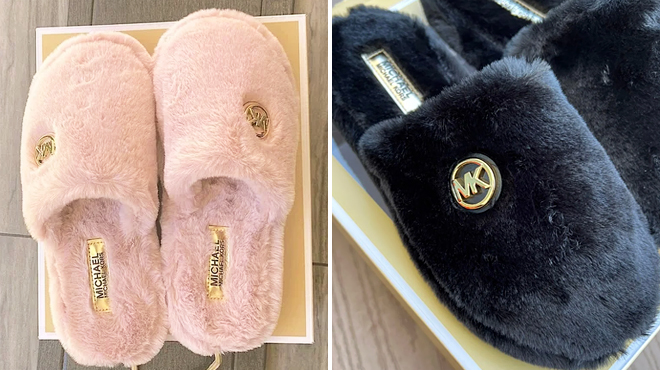 Michael Kors Alexis Faux Fur Slippers in Blossom Color on the Left and Same Item in Black Color on the Right