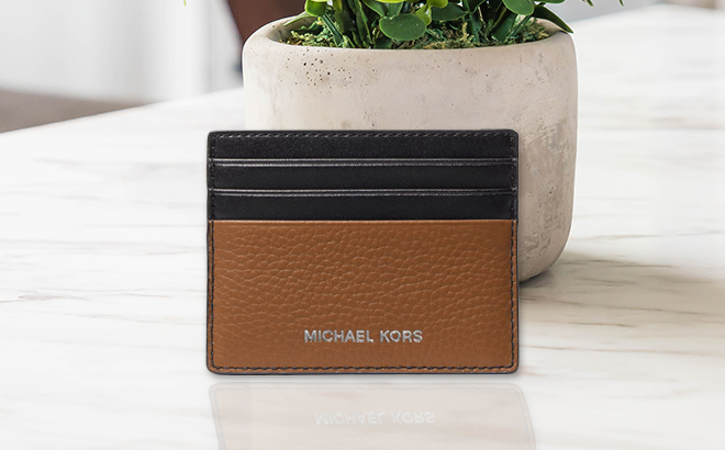 Michael Kors Cooper Pebbled Leather Tall Card Case in Black and Brown