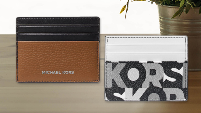Michael Kors Cooper Pebbled Leather Tall Card Cases in Brown and White Logo