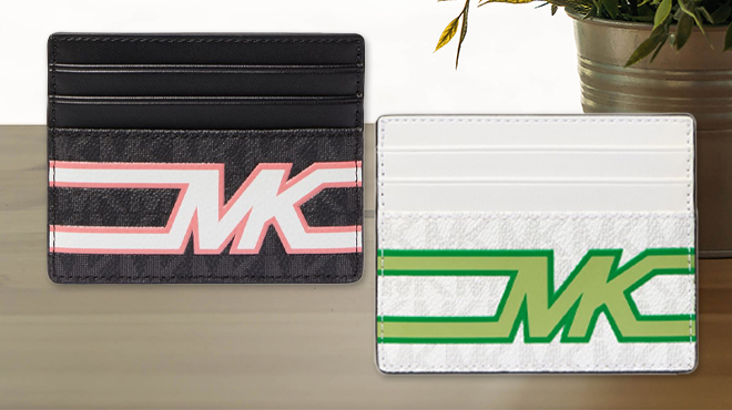 Michael Kors Cooper Pebbled Leather Tall Card Cases in Pink and Green Logo