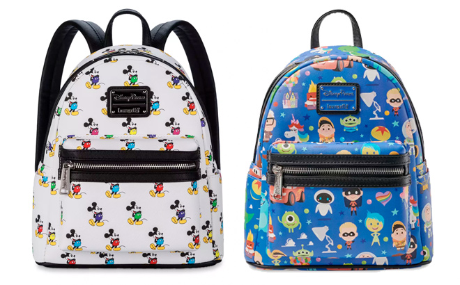 Mickey Mouse Allover Classic Standing Loungefly Mini Backpack and Pixar Chibi Loungefly Mini Backpack