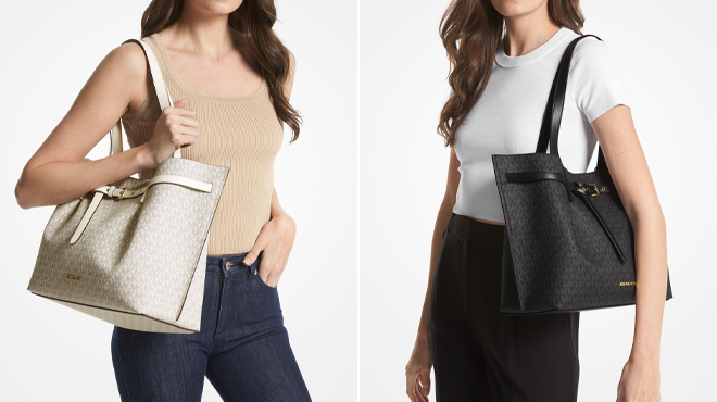 Models Wearing Michael Kors Emilia Large Logo Tote Bag in Beige and Black Models Wearing Michael Kors Emilia Large Logo Tote Bag in Beige and Black