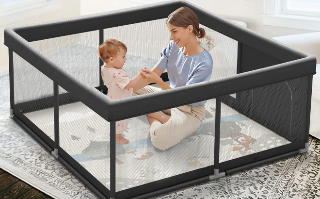 Mom and Toddler Playing in Fodoss Baby Playpen with Mat