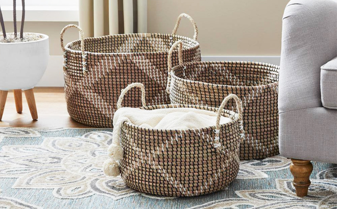 Multi Color Natural Woven Decorative Baskets 3 Piece Set