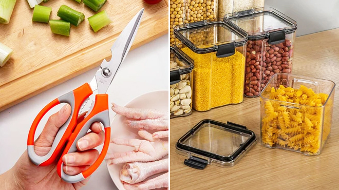 Multifunctional Stainless Steel Kitchen Shears and Clear Random Color Food Storage Box
