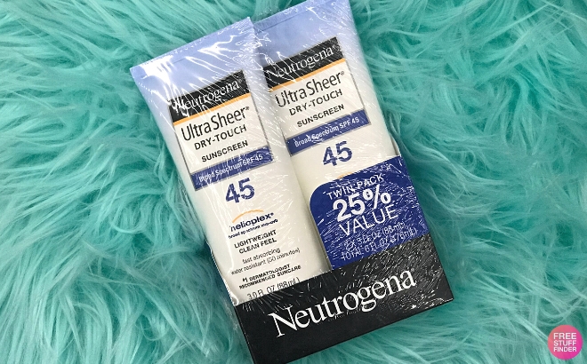 Neutrogena Ultra Sheer Dry Touch Water Resistant and Non Greasy Sunscreen Lotion with Broad Spectrum SPF 45 2 Pack on a Fluffy Blanket